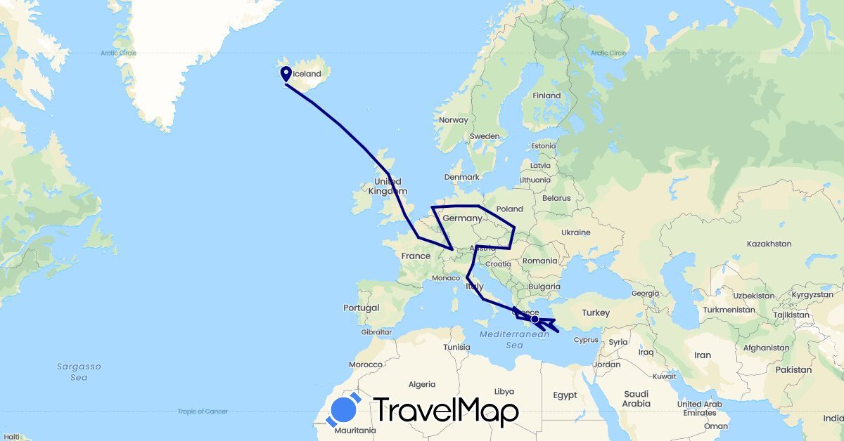 TravelMap itinerary: driving in Austria, Switzerland, Germany, France, United Kingdom, Greece, Hungary, Iceland, Italy, Netherlands, Poland, Turkey (Asia, Europe)
